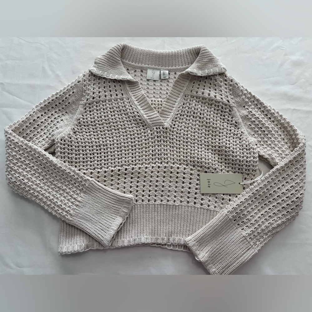 Coastal Open Knit Polo Sweater Cropped Breathable Neutral Large